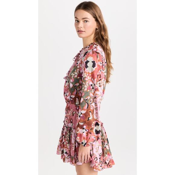 MISA LORENA BATIK PRINT COTTON BLEND MINI DRESS RUCHED WAIST RUFFLE TRIM SZ SM - Picture 3 of 10